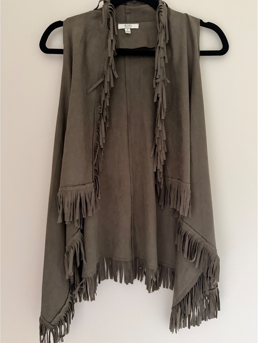 S Kori tasseled fringe vest, suede feel, olive green